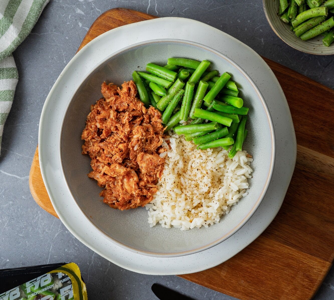 Rijst - BBQ Pulled Chicken - Sperzieboontjes